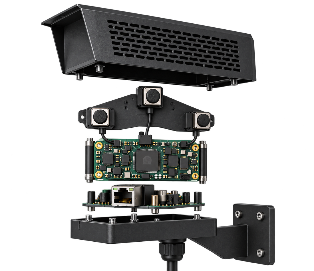 Vue éclatée du capteur : capot ventilé, réseau de microphones, carte de traitement, module réseau RJ45 et bras de fixation murale