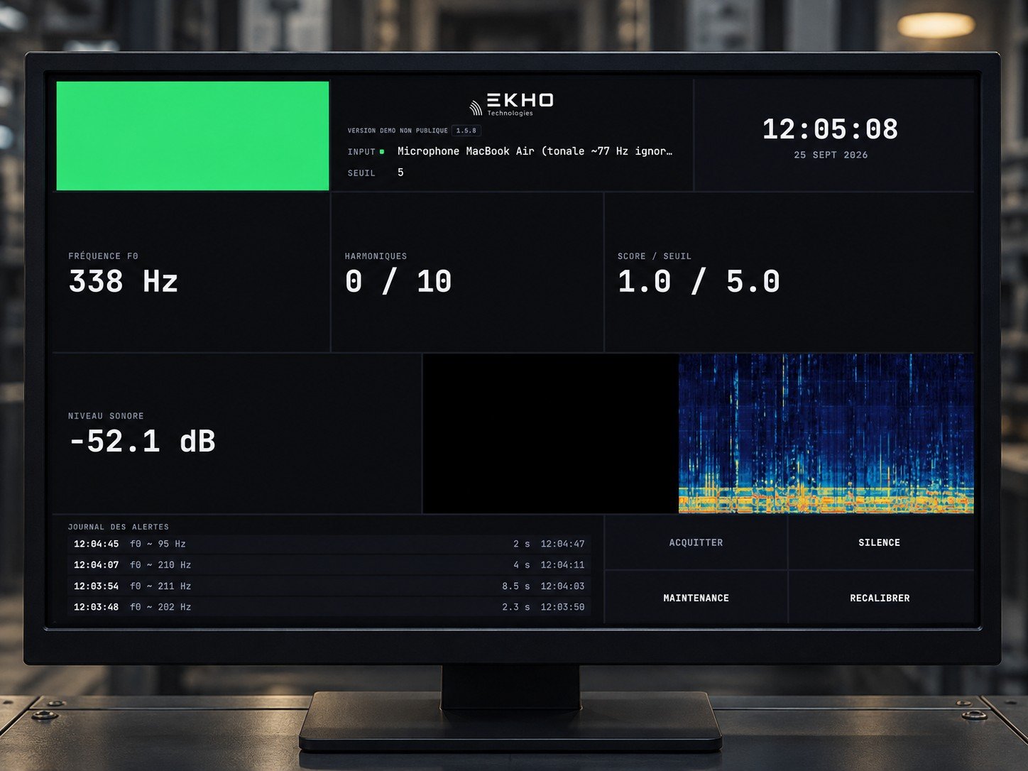 Écran du poste de contrôle EKHO : fréquence f0, harmoniques, score de détection, niveau sonore, spectrogramme en temps réel et journal des alertes